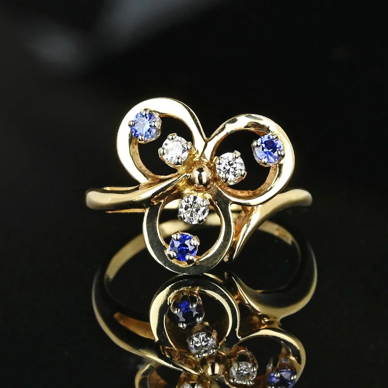 Woven cord rings-Vintage 14K Gold Diamond Sapphire Three Leaf Clover Ring