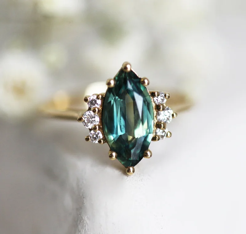 Chunky stone engagement rings-Morena Teal Sapphire Diamond Ring