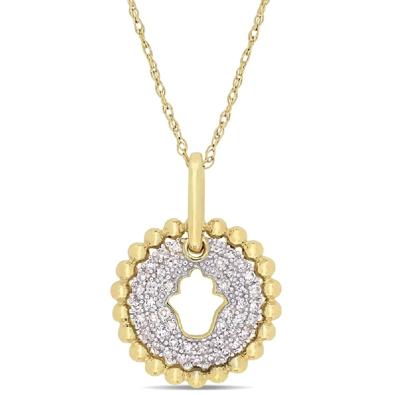 Onyx gem necklaces-Miadora 10k Yellow Gold 1/5ct TDW Diamond Cluster Hamsa Center Floral Halo Necklace