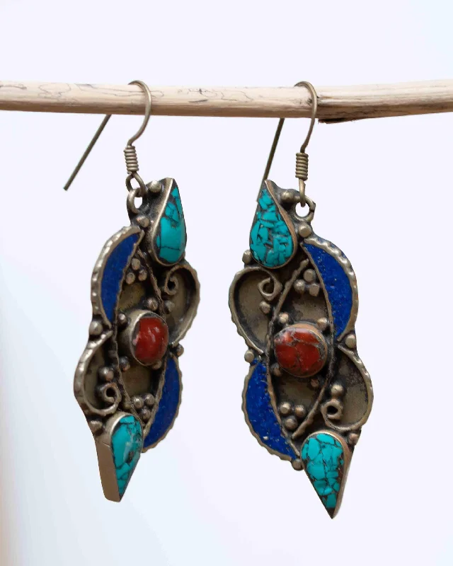 Lily motif earrings-Celia Turquoise Tibetan Earrings ~German Silver ~ SME026