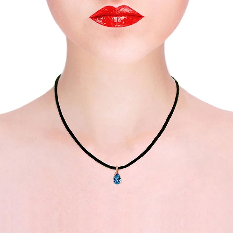 Spring clasp necklaces-14K Solid Rose Gold & Leather Necklace with Blue Topaz