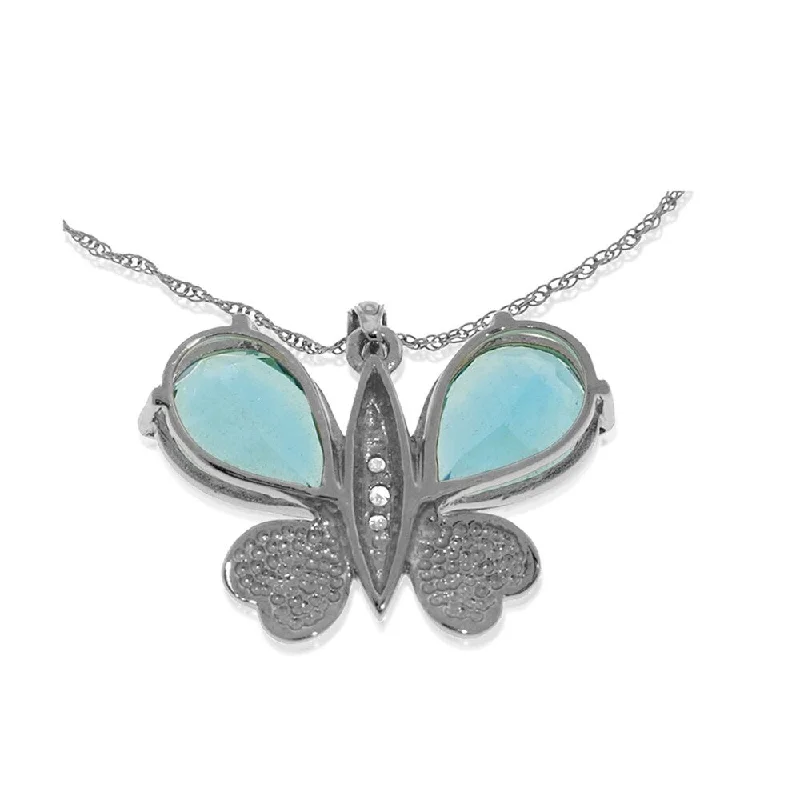 Topaz drop necklaces-14K Solid White Gold Batterfly Necklace with Natural Diamonds & Blue Topaz