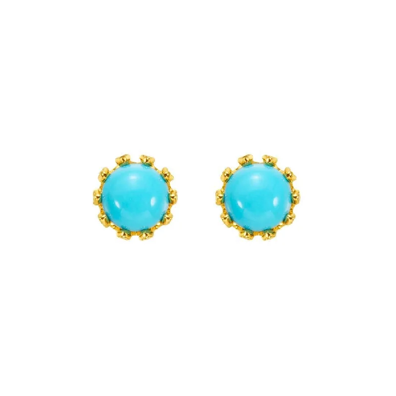 Cedar wood earrings-FANCIME Sunflower Blue Turquoise 14K Yellow Gold Stud Earrings