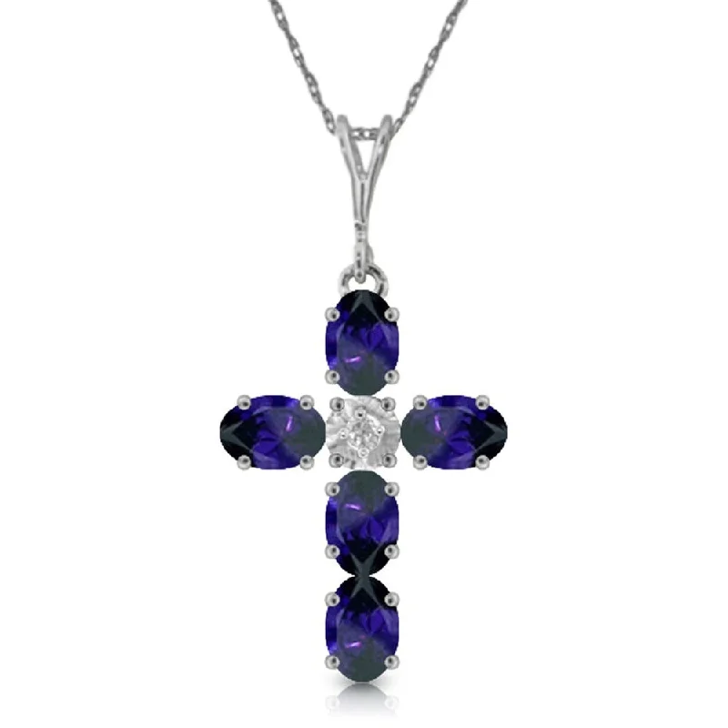 Polished bead necklaces-1.88 CTW 14K Solid White Gold Cross Necklace Natural Diamond Sapphire