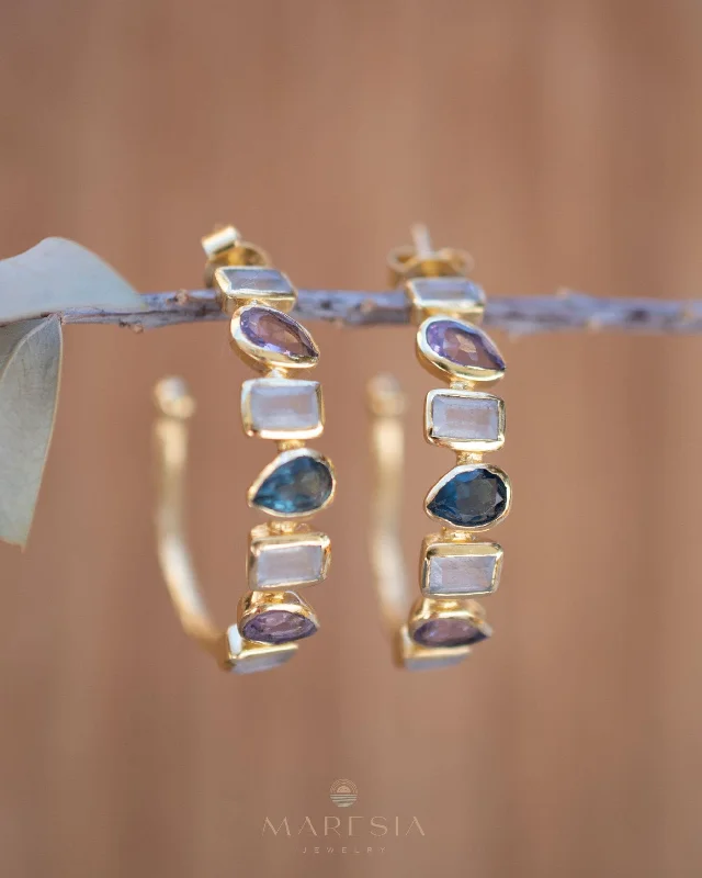 Rough texture earrings-Mary Earrings ~ Moonstone, Amethyst and Iolite hydro ~ 18k Gold Plated Earrings ~ ME008