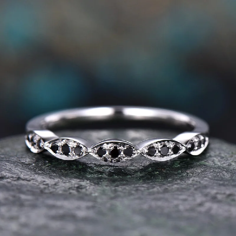 Tri-tone engagement rings-Black diamond wedding band-Solid 14k white gold-marquise diamond stacking ring-half eternity band-stacking matching band-Black diamond ring