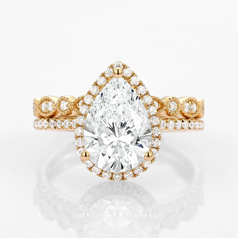 Cluster diamond engagement rings-2.0ct Vintage Halo Pear Lab Grown Diamond Ring Set 2pcs