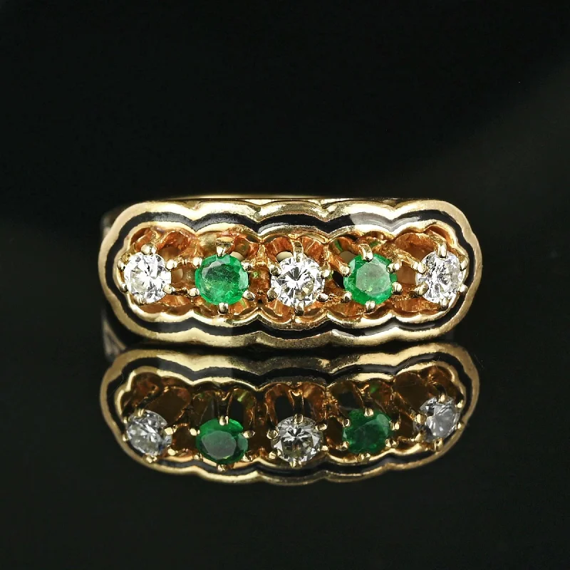 Vivid druzy rings-Antique 14K Gold Enamel Diamond Emerald Ring