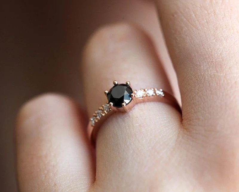 Faith charm engagement rings-Black Diamond Ring, Rose Gold Ring