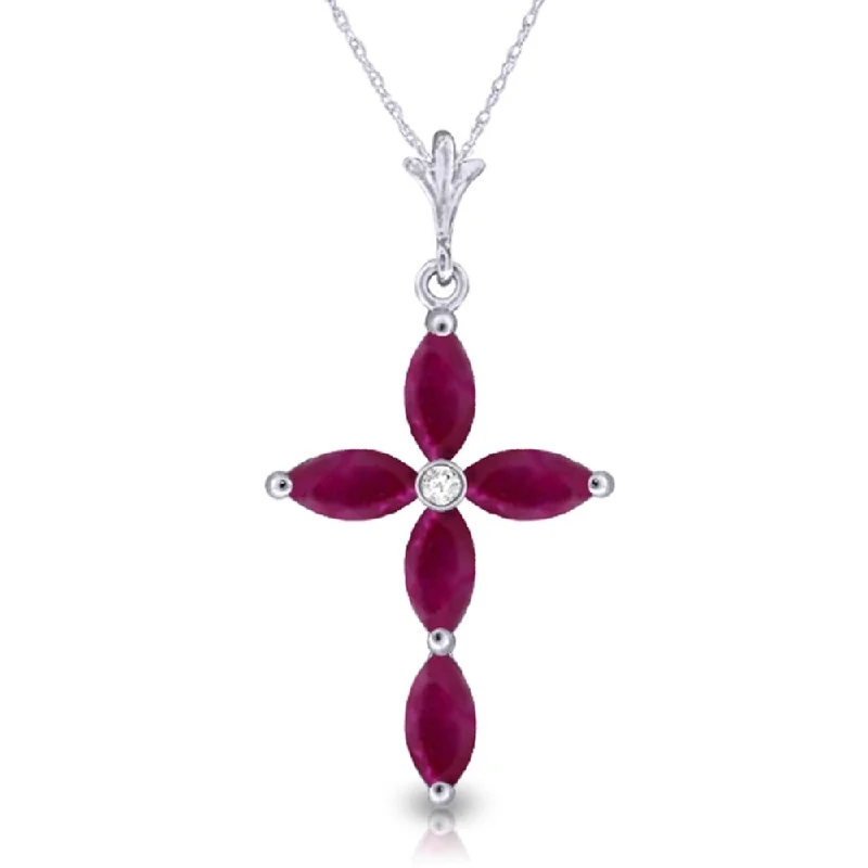 Slanted design necklaces-1.1 Carat 14K White Gold Necklace Natural Diamond Ruby