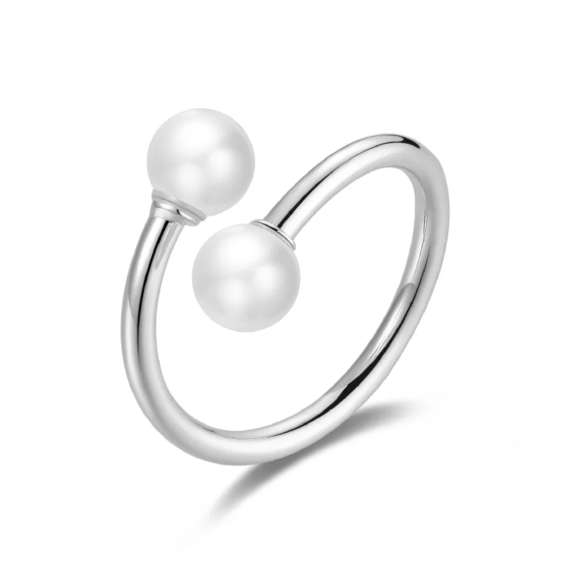 Dove feather rings-Silver Plated Adjustable Double Pearl Ring