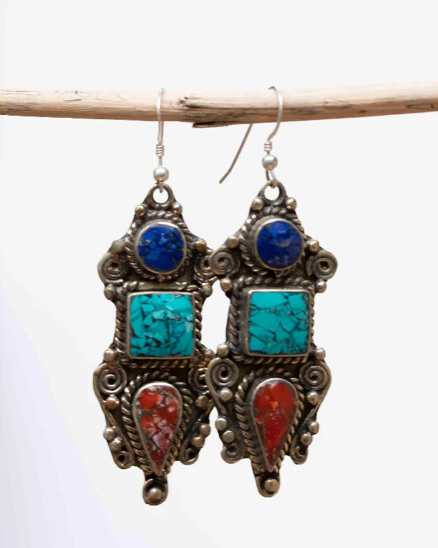 Trekker weave earrings-Fernanda Turquoise Tibetan Earrings ~German Silver ~ SME011