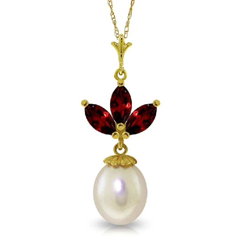 Spring clasp necklaces-4.75 Carat 14K Solid Gold Necklace pearl Garnet