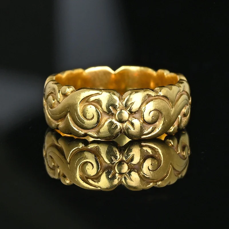 Tiny heart rings-Antique 18K Gold Floral Carved Wide Wedding Ring Band