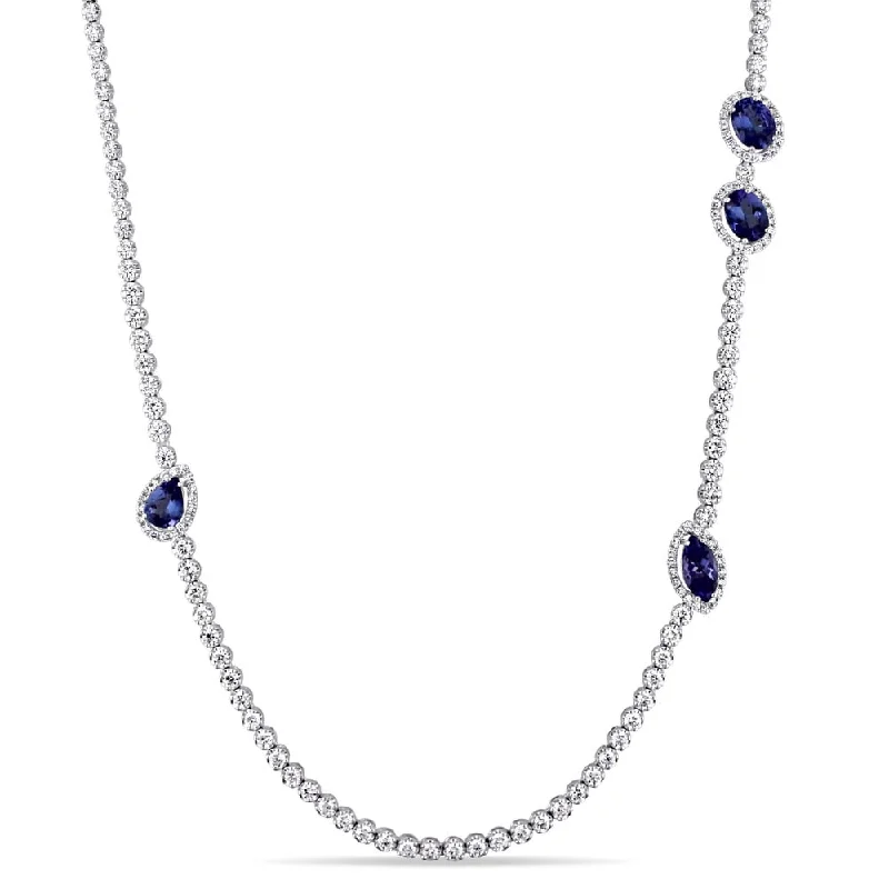 Coiled cord necklaces-Miadora Signature Collection 18k White Gold 8 1/10ct TDW Diamond and Sapphire Station Strand Necklace (G-H, SI1-SI2) - Blue