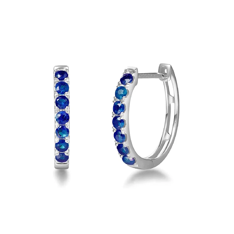 Leaf design earrings-FANCIME Blue Sapphire 14k White Gold Hoop Earrings