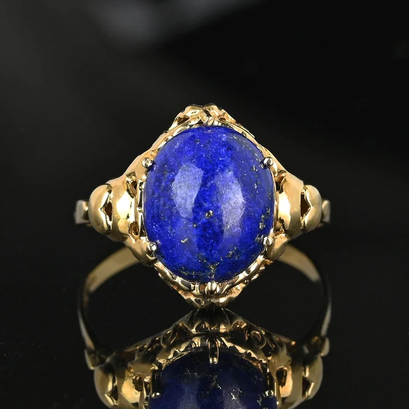 Satin silver rings-Vintage Gold Heart and Bow Lapis Lazuli Ring