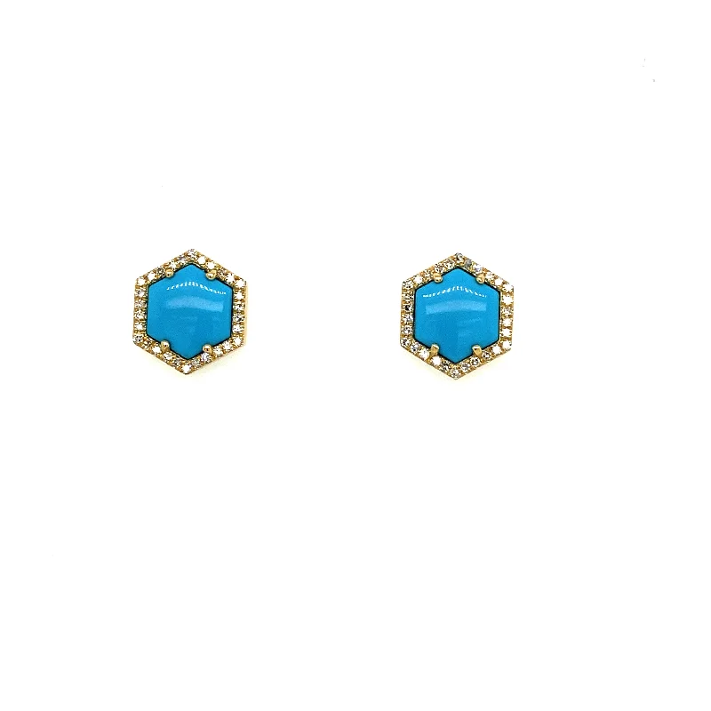 Simple cross earrings-Hexagon Turquoise & Diamond Stud Earrings