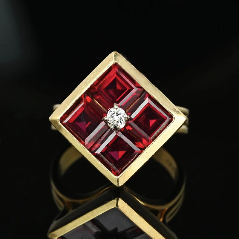 Beaded gem rings-Vintage 14K Gold Diamond Solitaire Emerald Cut Ruby Ring