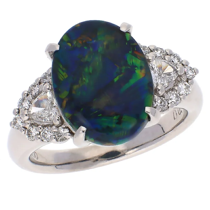 Vintage flair engagement rings-Platinum Australian Lightning Ridge Black Opal and Diamond Ring