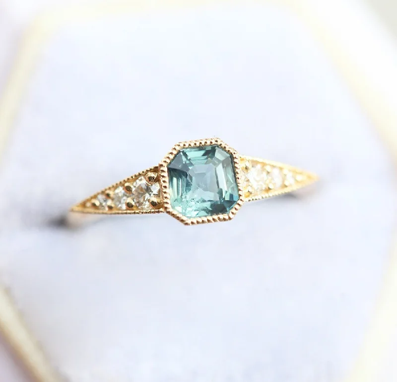 Sculptural engagement rings-Ezra Art Deco Greenish Blue Sapphire diamond ring