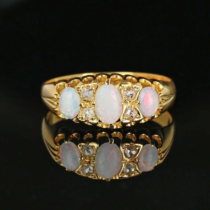 Chunky stone rings-Fine 18K Gold Rose Cut Diamond Three Stone Opal Ring Band