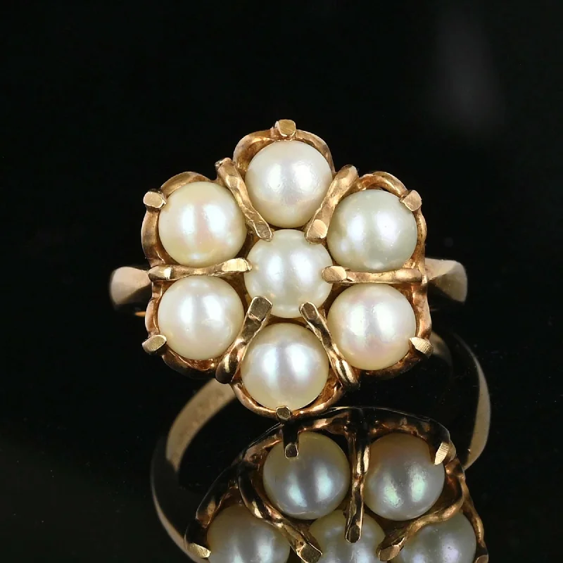 Shiny name rings-Vintage 10K Gold Pearl Halo Cluster Ring