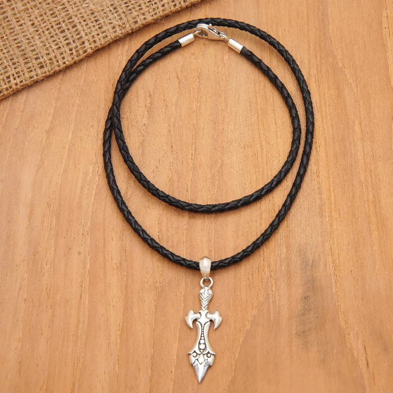 Vine braid necklaces-Novica Handmade Swordsman Men'S Leather And Sterling Silver Pendant Necklace