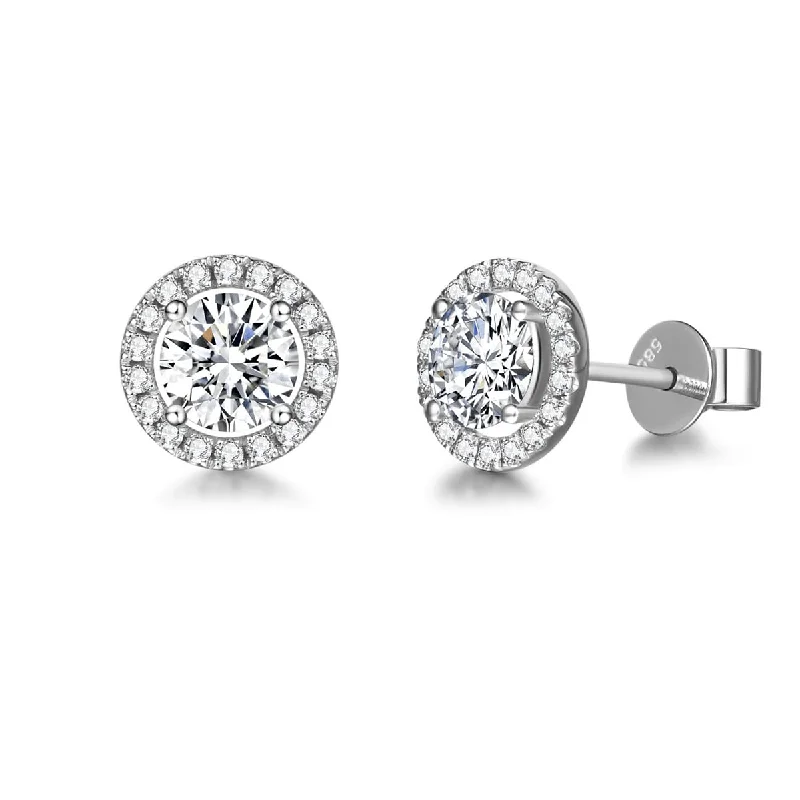 Light wood earrings-FANCIME Halo Setting Moissanite 14K Solid White Gold Stud Earrings