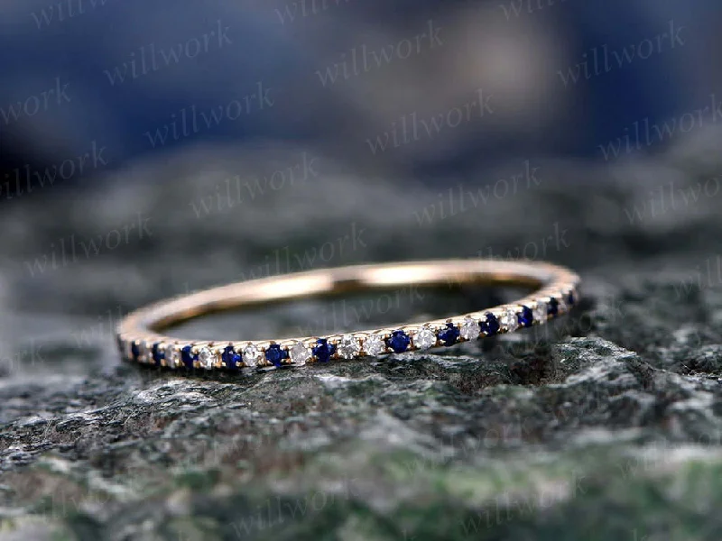 Java tile engagement rings-Natural blue sapphire wedding ring band solid 14k rose gold petite diamond ring full eternity tiny stones V Pave 1.2mm matching bridal band