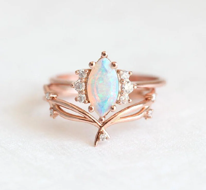 Full moon engagement rings-Opal Ring Set, 14K Rose Gold Diamond Ring