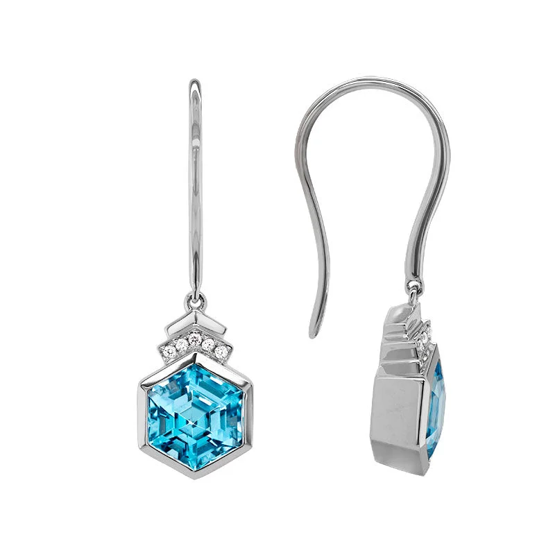 Silk fringe earrings-Blue Topaz Hexagon & Diamond Earrings