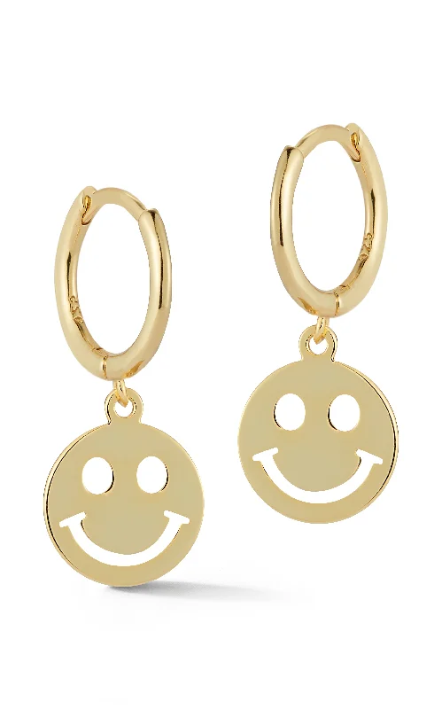 Patina brass earrings-Smiley Face Huggie Earring