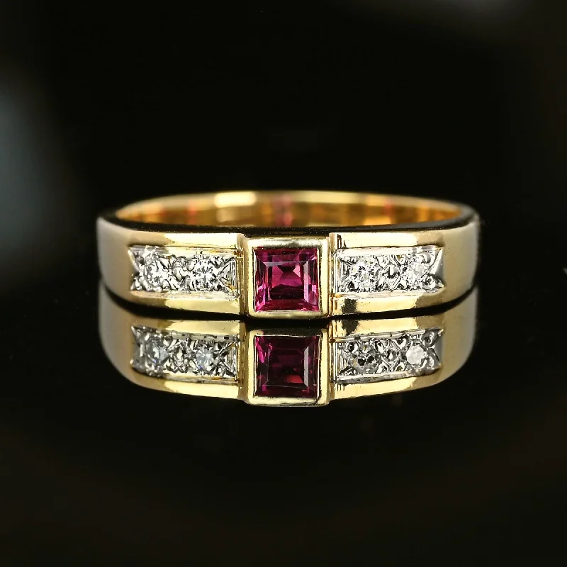 Tiny stack rings-Vintage 14K Gold Diamond Square Ruby Ring Band