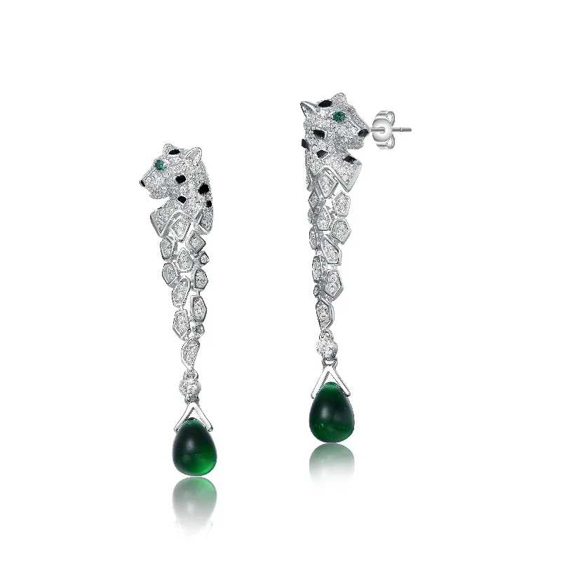 Surf motif earrings-Sterling Silver Rhodium Plated with Emerald and Clear Cubic Zirconia Fauna Drop Earrings