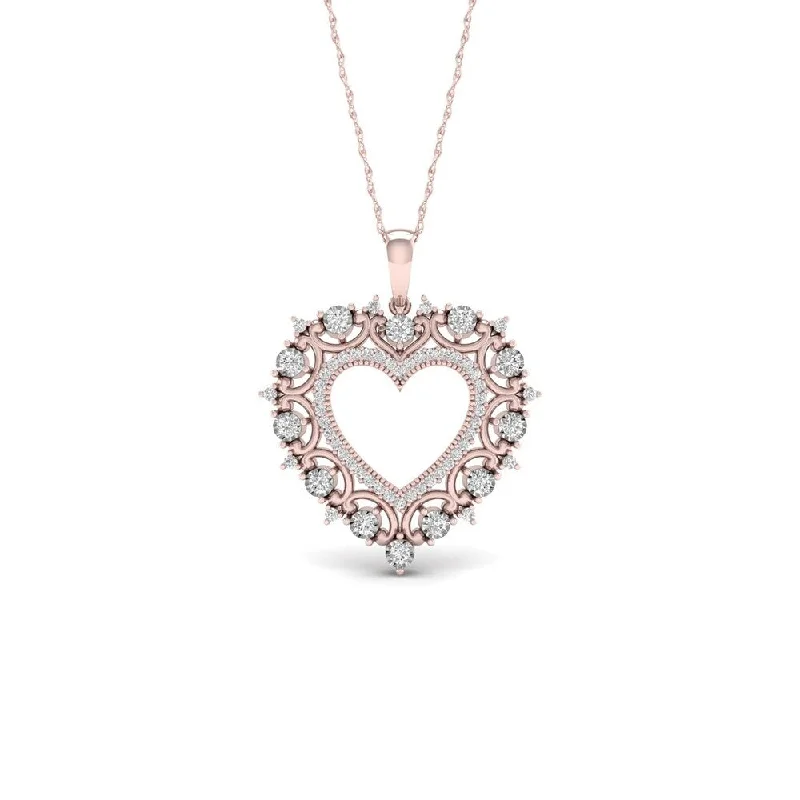 Spring clasp necklaces-De Couer 10k Rose Gold 1/4ct TDW Diamond Filigree Heart Necklace