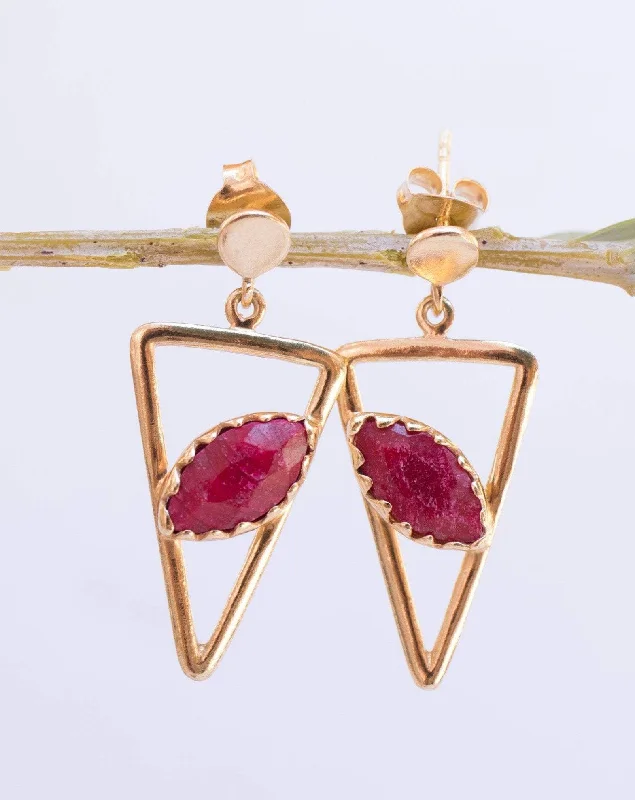 Thick bar earrings-Aqua Chalcedony, Ruby, Blue Chalcedony, Rose quartz Triangle Earrings ~ Gold Vermeil (Gold Plated over Sterling Silver) ~ME061