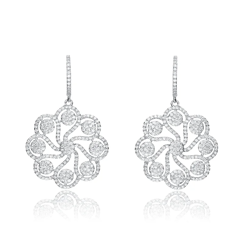 Ruby gem earrings-CZ SS Rhodium Plated Round Flower Drop Earrings