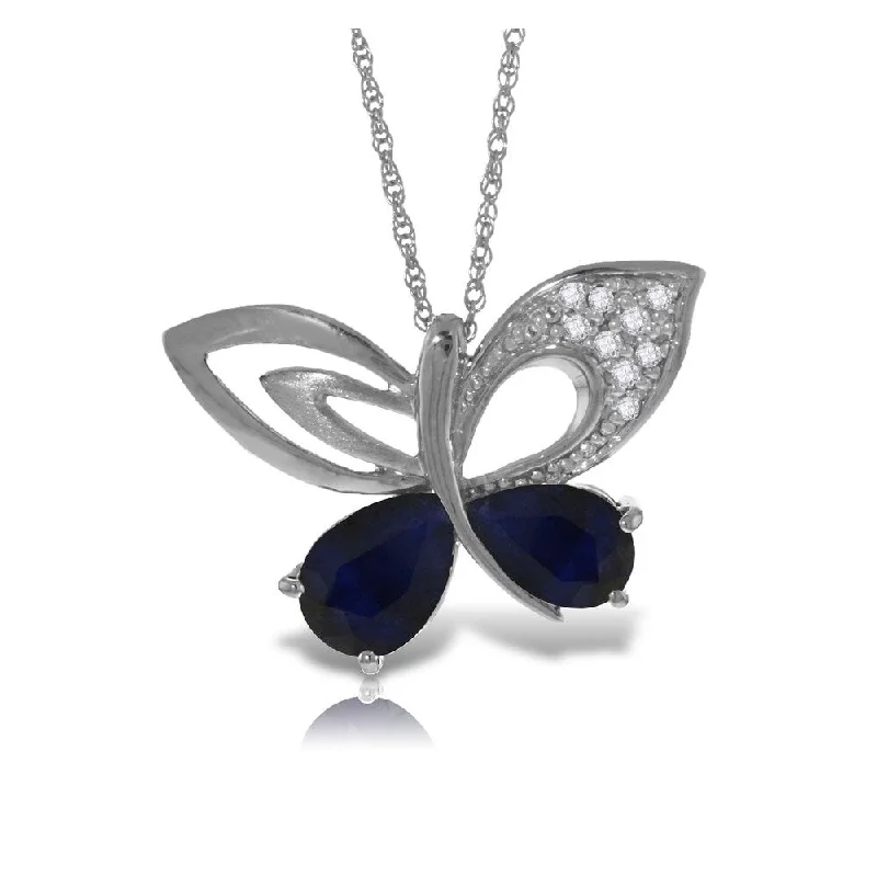 Polished bead necklaces-14K Solid White Gold Batterfly Necklace with Natural Diamonds & Sapphires