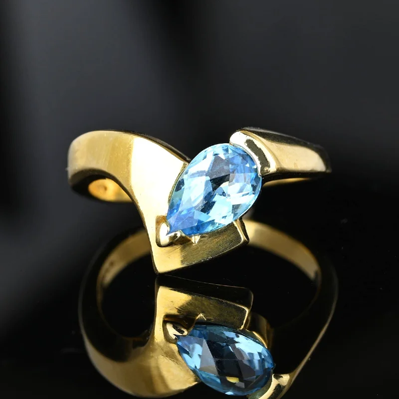 Tiny stack rings-Vintage Chevron Bypass Pear Cut Blue Topaz Ring in 14K Gold