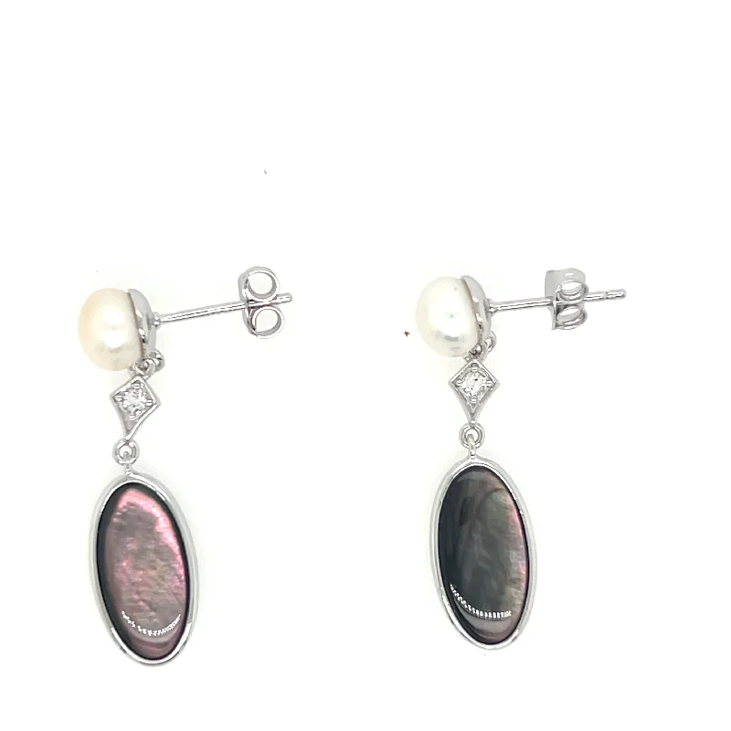 Thick bar earrings-Sterling Silver Gray Mother of Pearl and White Topaz Drop Earrings