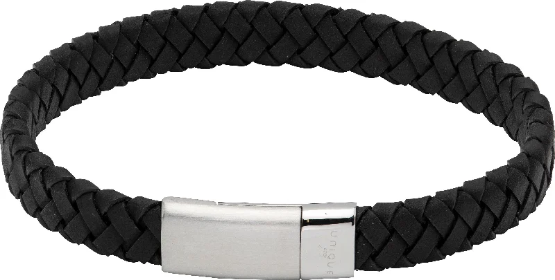 Unique & Co Matte & Polished Stainless Steel Clasp Black Leather Bracelet