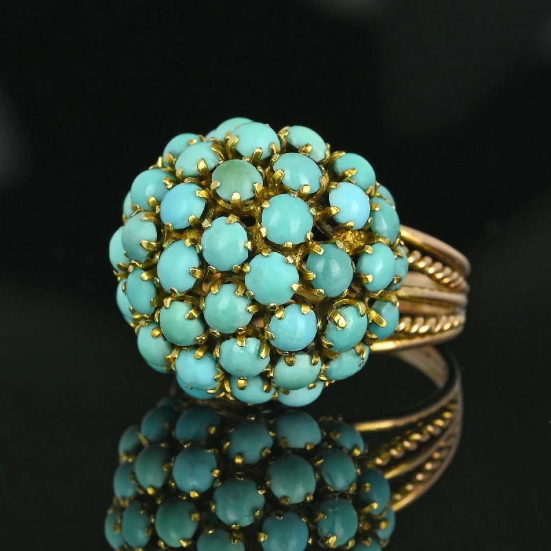 Braided motif rings-14K Gold Persian Turquoise Cluster Bombe Dome Ring