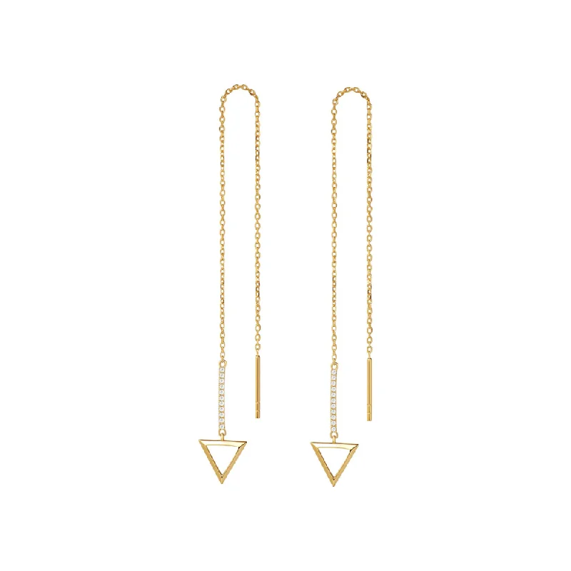 Large hoop earrings-14K Yellow Gold Threader Earrings with Triangle Shape 0.066 CTTW White Diamonds Dainty Long Drop Earrings