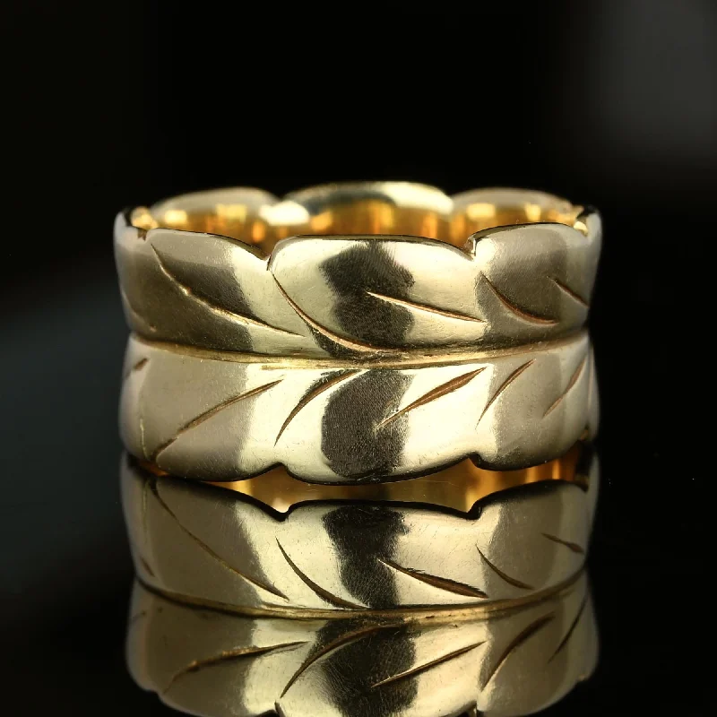 Lily rings-Antique Engraved Leaf Wide 14K Gold Band Ring