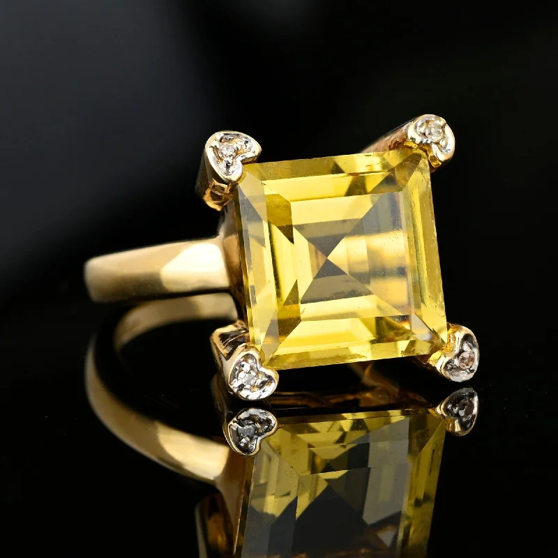 Patina bronze rings-Vintage Diamond Heart Accent Square Step Cut Citrine Ring