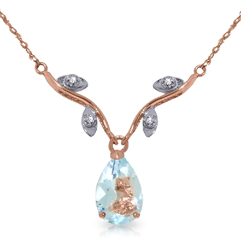 Smooth pendant necklaces-14K Rose Gold Necklace w/ Natural Diamonds & Aquamarine