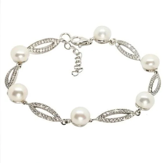 Sterling Silver Pearl and Cubic Zirconia Marquis Style Bracelet