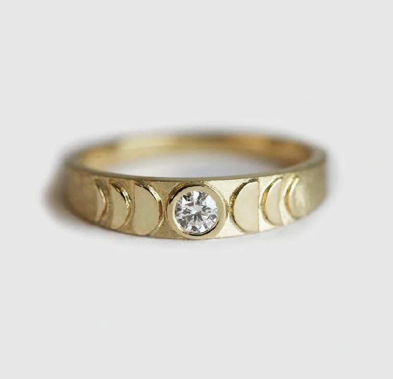 Chunky gem engagement rings-Gold moon phase ring, diamond ring 14k