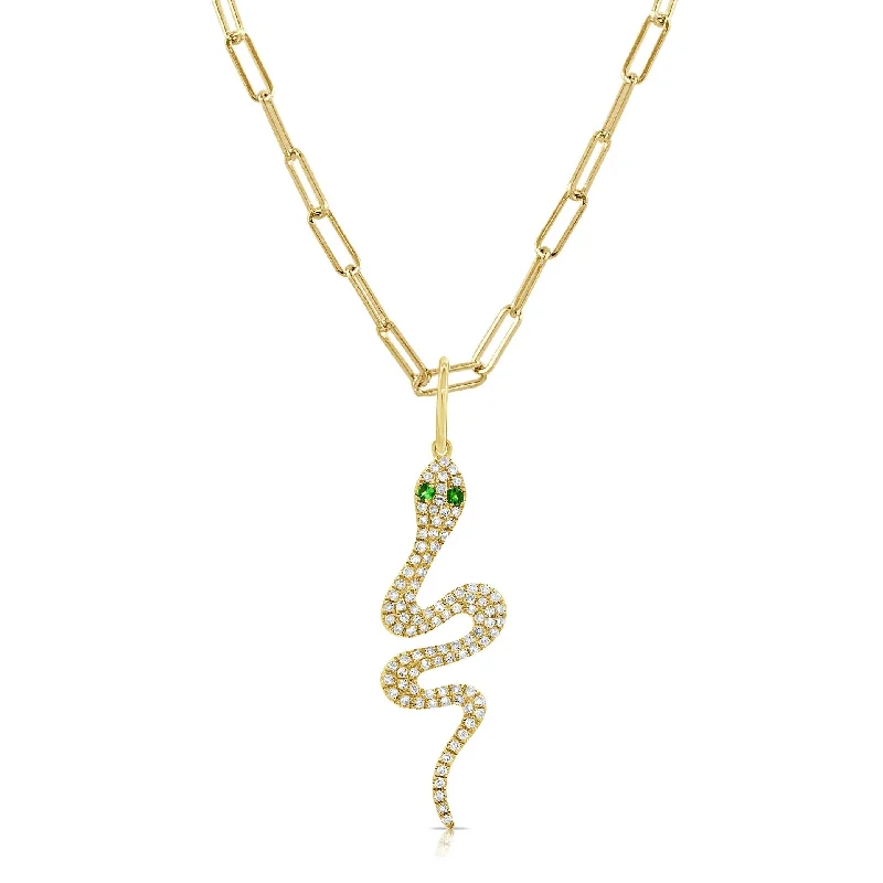 High gloss necklaces-Joelle Snake Pendant 14K Yellow Gold Diamond & Tsavorite Necklace 16-inch Paperclip Chain